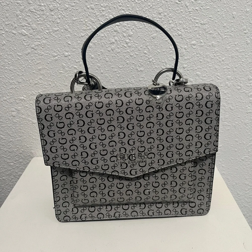 GUESS Baez Crossbody Handbag Black Grey Monogram Flap Top Handle Purse NWT Flaw